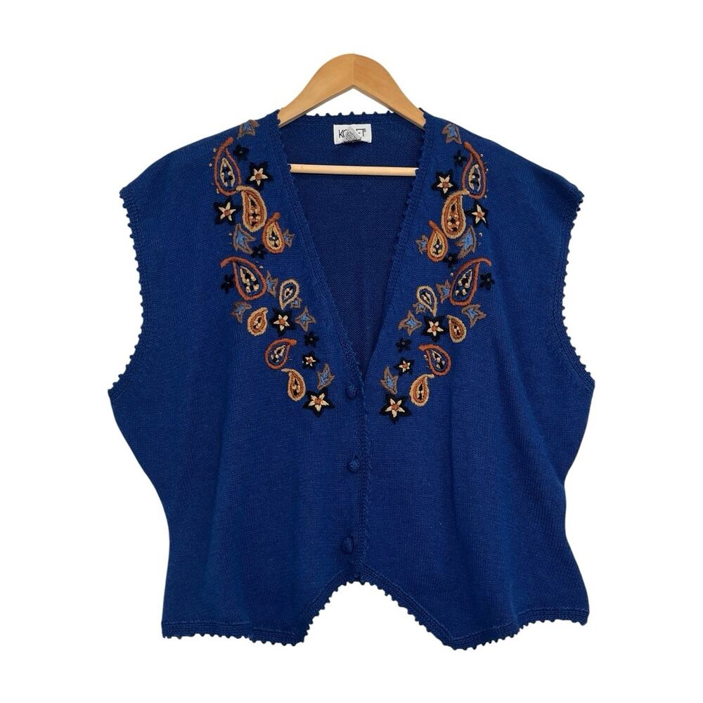 Vintage Koret Sweater Vest Womens 3X Blue Wool Angora Cardigan Paisley Boho